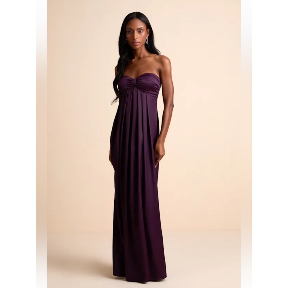 Lulus Memorable Entrance Dark Purple Strapless Satin Empire Waist Maxi Dress L